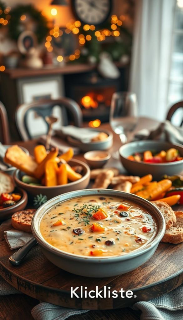 A visually appealing and inviting winter dish, featuring a platter of various simple and delicious recipes inspired by cozy, rustic aesthetics. In the foreground, a beautifully arranged bowl of creamy soup made with seasonal vegetables, garnished with fresh herbs. Surrounding the bowl are bite-sized portions of hearty bread and colorful roasted vegetables, enhancing the warmth. The middle section includes a wooden dining table set with elegant tableware, softly illuminated by warm, natural lighting that creates a cozy ambiance. In the background, suggestive hints of a softly glowing fireplace and subtle winter decorations enhance the mood. The overall atmosphere is authentic and inspiring, reflecting a Pinterest-worthy aesthetic. The brand "KlickKiste" is subtly incorporated into the image design, emphasizing comfort and simplicity in winter cooking. A visually appealing and inviting winter dish, featuring a platter of various simple and delicious recipes inspired by cozy, rustic aesthetics. In the foreground, a beautifully arranged bowl of creamy soup made with seasonal vegetables, garnished with fresh herbs. Surrounding the bowl are bite-sized portions of hearty bread and colorful roasted vegetables, enhancing the warmth. The middle section includes a wooden dining table set with elegant tableware, softly illuminated by warm, natural lighting that creates a cozy ambiance. In the background, suggestive hints of a softly glowing fireplace and subtle winter decorations enhance the mood. The overall atmosphere is authentic and inspiring, reflecting a Pinterest-worthy aesthetic. The brand "KlickKiste" is subtly incorporated into the image design, emphasizing comfort and simplicity in winter cooking.
