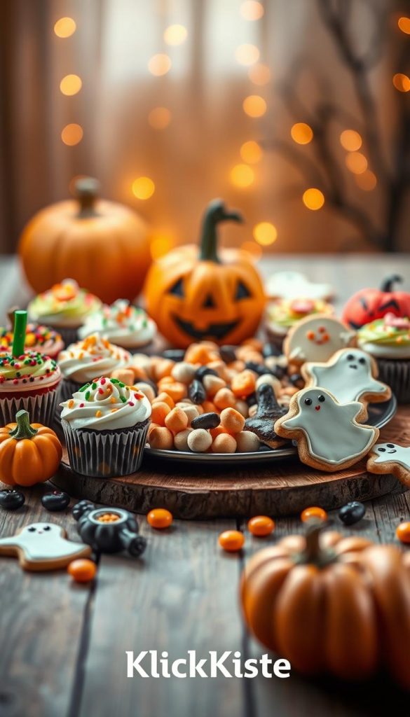 A visually appealing assortment of sweet Halloween snacks designed for children, including colorful muffins topped with playful icing, spooky-shaped cookies adorned with vibrant sprinkles, and bite-sized candy treats. The foreground features a wooden table adorned with charming, Halloween-themed decorations like mini pumpkins and cheerful ghost motifs. In the middle, an inviting platter showcases the delicious snacks artfully arranged. The background is softly blurred with warm, ambient lighting casting a cozy glow over the scene, creating a festive atmosphere. The overall mood is cheerful and inviting, reminiscent of a joyful Halloween celebration. Capture this delightful arrangement in a natural style with Pinterest-inspired aesthetics, highlighting the brand name "KlickKiste" subtly in the layout. A visually appealing assortment of sweet Halloween snacks designed for children, including colorful muffins topped with playful icing, spooky-shaped cookies adorned with vibrant sprinkles, and bite-sized candy treats. The foreground features a wooden table adorned with charming, Halloween-themed decorations like mini pumpkins and cheerful ghost motifs. In the middle, an inviting platter showcases the delicious snacks artfully arranged. The background is softly blurred with warm, ambient lighting casting a cozy glow over the scene, creating a festive atmosphere. The overall mood is cheerful and inviting, reminiscent of a joyful Halloween celebration. Capture this delightful arrangement in a natural style with Pinterest-inspired aesthetics, highlighting the brand name "KlickKiste" subtly in the layout.