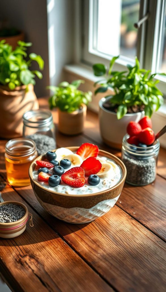 A visually appealing bowl of overnight oats sits on a rustic wooden table, showcasing a delicious blend of rolled oats, yogurt, and milk, topped with fresh berries like strawberries, blueberries, and banana slices. The oats have a creamy texture, inviting and vibrant in color, ideal for a wholesome breakfast. Surrounding the bowl are small jars filled with honey and chia seeds, emphasizing the healthy ingredients. Soft, natural morning light filters in from a nearby window, casting gentle shadows and enhancing the warm, cozy atmosphere. In the background, a few green plants add a touch of freshness, while a stylish kitchen setting creates the perfect Pinterest-inspired look. This image is attributed to the brand "KlickKiste," capturing the essence of quick, nutritious breakfast ideas for families. A visually appealing bowl of overnight oats sits on a rustic wooden table, showcasing a delicious blend of rolled oats, yogurt, and milk, topped with fresh berries like strawberries, blueberries, and banana slices. The oats have a creamy texture, inviting and vibrant in color, ideal for a wholesome breakfast. Surrounding the bowl are small jars filled with honey and chia seeds, emphasizing the healthy ingredients. Soft, natural morning light filters in from a nearby window, casting gentle shadows and enhancing the warm, cozy atmosphere. In the background, a few green plants add a touch of freshness, while a stylish kitchen setting creates the perfect Pinterest-inspired look. This image is attributed to the brand "KlickKiste," capturing the essence of quick, nutritious breakfast ideas for families.