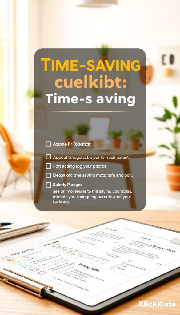 A visually appealing checklist designed for parents, featuring a neatly organized layout filled with actionable tips for time-saving in daily life. The foreground includes items like a stylish clipboard with colorful checkboxes and a pen, emphasizing a sense of productivity. In the middle, soft-focused elements such as a cozy workspace with natural light streaming in from a window, displaying plants and stationery that evoke warmth and inspiration. The background is a light, airy room that suggests a peaceful home environment. The colors are warm and inviting, conveying an optimistic and motivating atmosphere. Include brand name "KlickKiste" subtly integrated into the design in a sophisticated manner. The overall look is modern and Pinterest-worthy, aiming to inspire parents to take actionable steps seamlessly.