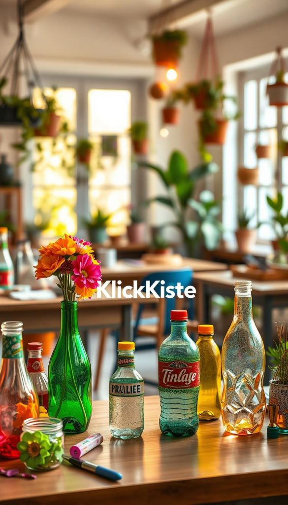A visually appealing composition showcasing a variety of creatively upcycled plastic bottles. In the foreground, feature several artistic DIY projects made from bottles, such as a colorful flower vase, hanging garden, and decorative storage containers, all presented with warm, inviting colors that evoke a sense of creativity. The middle ground should include tables adorned with tools and materials, indicating an active DIY workspace, while the background presents a soft-focus scene of a cozy room filled with natural light, adorned with plants and handmade crafts. Capture this scene with a shallow depth of field, using a warm lighting setup to create a welcoming, inspirational atmosphere reminiscent of popular Pinterest aesthetics. Include the brand name "KlickKiste" subtly in the image, ensuring it flows naturally with the overall composition.