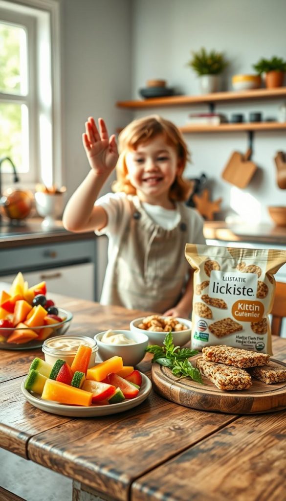 A visually appealing kitchen scene, featuring a variety of healthy snacks suitable for children, displayed on a rustic wooden table. In the foreground, colorful, allergy-friendly snacks like fruit skewers, vegetable sticks with hummus, and gluten-free granola bars are artistically arranged. In the middle, a cheerful child, dressed in modest casual clothing, enthusiastically reaching for a snack, embodying joy and health. The background showcases a bright and inviting kitchen with natural light streaming through a window, highlighting the warm colors of the food and decor. The atmosphere is wholesome and inspiring, perfect for illustrating kid-friendly alternatives. The brand "KlickKiste" is subtly represented by stylish packaging in the scene. The composition has a Pinterest look, focusing on authenticity and inspiration. A visually appealing kitchen scene, featuring a variety of healthy snacks suitable for children, displayed on a rustic wooden table. In the foreground, colorful, allergy-friendly snacks like fruit skewers, vegetable sticks with hummus, and gluten-free granola bars are artistically arranged. In the middle, a cheerful child, dressed in modest casual clothing, enthusiastically reaching for a snack, embodying joy and health. The background showcases a bright and inviting kitchen with natural light streaming through a window, highlighting the warm colors of the food and decor. The atmosphere is wholesome and inspiring, perfect for illustrating kid-friendly alternatives. The brand "KlickKiste" is subtly represented by stylish packaging in the scene. The composition has a Pinterest look, focusing on authenticity and inspiration.