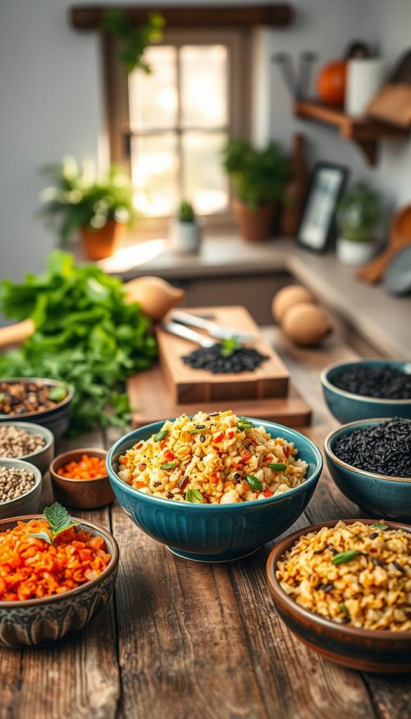 A visually appealing kitchen scene featuring a vibrant selection of alternative rice dishes suitable for various diets, including vegetarian, gluten-free, and low-carb options. In the foreground, a beautifully arranged bowl of colorful vegetable stir-fried cauliflower rice, sprinkled with fresh herbs and garnishes, occupies the center. Surrounding it are smaller bowls filled with quinoa, black rice, and lentil rice, showcasing their textures and colors. The middle ground features a rustic wooden table set with fresh vegetables, a cutting board, and elegant cooking utensils, creating a cozy and inviting atmosphere. Soft, natural lighting streams in from a window above, casting warm tones throughout the space, while a blurred background reveals potted herbs that complement the scene. This image captures an authentic, inspiring vibe, themed around healthy eating, perfect for KlickKiste. A visually appealing kitchen scene featuring a vibrant selection of alternative rice dishes suitable for various diets, including vegetarian, gluten-free, and low-carb options. In the foreground, a beautifully arranged bowl of colorful vegetable stir-fried cauliflower rice, sprinkled with fresh herbs and garnishes, occupies the center. Surrounding it are smaller bowls filled with quinoa, black rice, and lentil rice, showcasing their textures and colors. The middle ground features a rustic wooden table set with fresh vegetables, a cutting board, and elegant cooking utensils, creating a cozy and inviting atmosphere. Soft, natural lighting streams in from a window above, casting warm tones throughout the space, while a blurred background reveals potted herbs that complement the scene. This image captures an authentic, inspiring vibe, themed around healthy eating, perfect for KlickKiste.