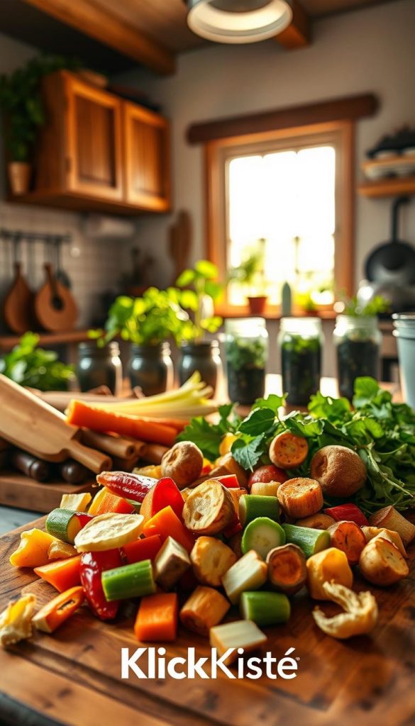 A visually appealing kitchen scene featuring an assortment of fresh fruits and vegetables that can be commonly found as kitchen scraps, such as carrot tops, potato peels, and apple cores. In the foreground, a rustic wooden cutting board displays these colorful scraps, arranged artistically. The middle ground showcases a cozy kitchen with herb pots and recycled jars filled with compost or seed starters. In the background, warm sunlight streams through a window, illuminating the space with a soft glow, enhancing the natural earthy tones. The atmosphere is inviting and inspiring, evoking a sense of creativity and sustainability. The image should reflect a Pinterest-like aesthetic, emphasizing the theme of upcycling with the brand name "KlickKiste" subtly integrated.