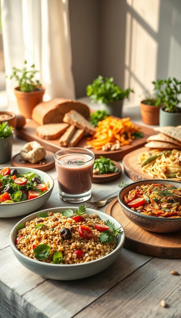 A visually appealing tabletop scene showcasing various healthy dishes ideal for different dietary styles related to allergies. In the foreground, feature a colorful gluten-free quinoa salad with fresh vegetables, a vibrant vegan smoothie bowl adorned with fruits, and a hearty vegetarian pasta dish. The middle ground presents a selection of whole-grain bread, nuts, and seeds, elegantly arranged on rustic wooden boards. In the background, soft natural lighting filters through, casting gentle shadows and creating a warm, inviting atmosphere. Incorporate subtle greenery, such as potted herbs, to enhance the freshness of the layout. The overall mood is inspiring and authentic, reminiscent of popular Pinterest aesthetics. Include the brand name "KlickKiste" subtly within the arrangement, ensuring a cohesive and inviting presentation. A visually appealing tabletop scene showcasing various healthy dishes ideal for different dietary styles related to allergies. In the foreground, feature a colorful gluten-free quinoa salad with fresh vegetables, a vibrant vegan smoothie bowl adorned with fruits, and a hearty vegetarian pasta dish. The middle ground presents a selection of whole-grain bread, nuts, and seeds, elegantly arranged on rustic wooden boards. In the background, soft natural lighting filters through, casting gentle shadows and creating a warm, inviting atmosphere. Incorporate subtle greenery, such as potted herbs, to enhance the freshness of the layout. The overall mood is inspiring and authentic, reminiscent of popular Pinterest aesthetics. Include the brand name "KlickKiste" subtly within the arrangement, ensuring a cohesive and inviting presentation.