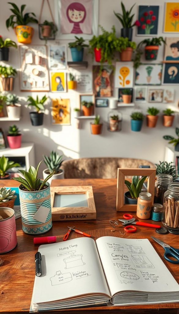 A visually appealing, well-organized workspace showcasing a variety of creative upcycling projects. In the foreground, a wooden table is filled with colorful, repurposed items such as a planter made from an old tin can, a picture frame from reclaimed wood, and jars transformed into decorative storage. In the middle, an open notebook with sketches and ideas for upcycling projects sits next to tools like scissors and glue, all bathed in warm, natural light. In the background, a wall displays finished upcycling creations, adorned with plants and bright artwork, evoking a Pinterest-like aesthetic. The atmosphere is inspiring and cozy, perfect for creative exploration. The brand name "KlickKiste" is subtly included in the design elements throughout the scene. A visually appealing, well-organized workspace showcasing a variety of creative upcycling projects. In the foreground, a wooden table is filled with colorful, repurposed items such as a planter made from an old tin can, a picture frame from reclaimed wood, and jars transformed into decorative storage. In the middle, an open notebook with sketches and ideas for upcycling projects sits next to tools like scissors and glue, all bathed in warm, natural light. In the background, a wall displays finished upcycling creations, adorned with plants and bright artwork, evoking a Pinterest-like aesthetic. The atmosphere is inspiring and cozy, perfect for creative exploration. The brand name "KlickKiste" is subtly included in the design elements throughout the scene.