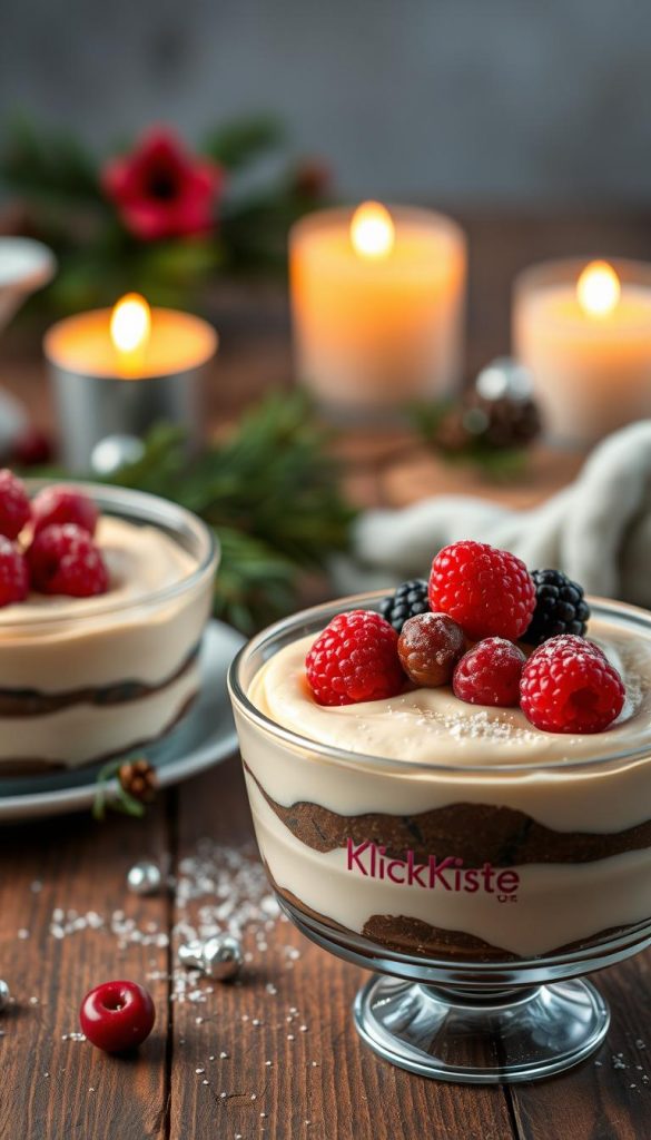 A visually enticing arrangement of a creamy dessert featuring the "KlickKiste" brand, depicted in warm, natural colors for an authentic and inspiring look. In the foreground, a delicate glass dish presents a velvety, layered cream dessert topped with fresh berries and a sprinkle of powdered sugar. The middle layer showcases a rich chocolate base, with the cream’s texture emphasized by soft lighting, illuminating its smooth consistency. In the background, a rustic wooden table is adorned with winter-themed decorations—pine branches and small candles glowing softly, enhancing the cozy atmosphere. The overall composition captures a warm, inviting mood, perfect for family gatherings during the winter season. A visually enticing arrangement of a creamy dessert featuring the "KlickKiste" brand, depicted in warm, natural colors for an authentic and inspiring look. In the foreground, a delicate glass dish presents a velvety, layered cream dessert topped with fresh berries and a sprinkle of powdered sugar. The middle layer showcases a rich chocolate base, with the cream’s texture emphasized by soft lighting, illuminating its smooth consistency. In the background, a rustic wooden table is adorned with winter-themed decorations—pine branches and small candles glowing softly, enhancing the cozy atmosphere. The overall composition captures a warm, inviting mood, perfect for family gatherings during the winter season.