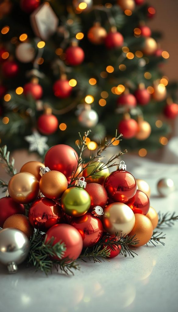 A visually striking arrangement of variously sized and colored Christmas tree ornaments (Proportionen Kugeln), showcasing a harmonious blend of warm reds, greens, golds, and whites glistening under soft, warm lighting. The foreground features an artfully arranged cluster of spherical ornaments, each reflecting light in different angles to create a captivating sheen. In the middle ground, delicate pine branches subtly intertwine with the ornaments, emphasizing a natural and festive feel. The background offers a softly blurred Christmas tree adorned with twinkling fairy lights, adding depth and a cozy ambiance. The scene should evoke feelings of warmth and inspiration, embodying a natural DIY aesthetic that resonates with a Pinterest-worthy look. This image represents KlickKiste’s focus on authentic holiday decoration ideas.