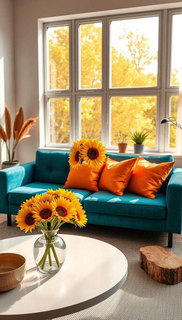 A visually striking composition showcasing complementary colors, featuring a modern living space. In the foreground, a stylish lounge area with a cozy sofa in a rich teal, adorned with vibrant orange cushions. In the middle ground, a sleek coffee table with a beautifully designed vase of sunflowers, their yellow petals contrasting beautifully with the surrounding colors. The background reveals a large window with warm, golden sunlight streaming in, casting gentle shadows and creating a welcoming atmosphere. Incorporate elements of natural DIY decor, like wooden accents and potted plants, blending authenticity with modern aesthetics. The overall mood is inspiring and uplifting, encapsulating the essence of "KlickKiste" brand's vibrant yet harmonious color combinations. The angle should be slightly elevated, showcasing the interplay of colors and textures in a Pinterest-worthy scene.