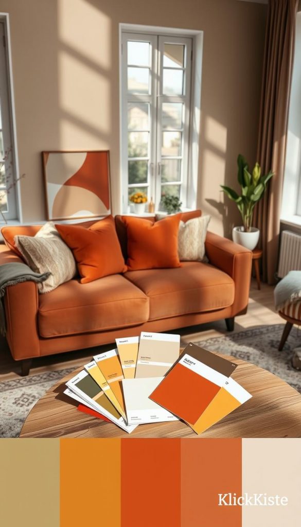 A visually striking composition showcasing modern color combinations for interior design. In the foreground, a cozy living space features an inviting sofa adorned with cushions in warm tones like terracotta, mustard yellow, and earthy greens. The middle layer reveals a stylish coffee table displaying DIY color swatches and paint samples, illustrating creative ideas for home decoration. In the background, the walls are painted in soft, complementary hues, creating an uplifting atmosphere. Natural light floods the space through large windows, casting gentle shadows and enhancing the warm color palette. The overall mood conveys inspiration and authenticity, with a Pinterest-like aesthetic that invites viewers to explore the art of color combination in a home setting. Include subtle branding for "KlickKiste" in a tasteful manner.