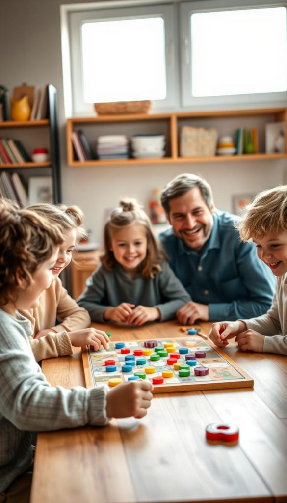 A warm and inspiring family scene showcasing "gemeinsame Regeln & spielerische Kooperation." In the foreground, a diverse group of children, in modest casual clothing, playfully collaborating on a board game at a cozy dining table filled with colorful game pieces and snacks. Their expressions radiate joy and teamwork. In the middle background, a parent watches with a supportive smile, fostering a nurturing atmosphere. Soft, natural light streams in through a nearby window, highlighting the warm colors of the room and creating a welcoming ambiance. The background features a well-organized family space, with books and art supplies, emphasizing creativity and harmony. This image embodies the essence of stress-free family life, invoking a sense of togetherness and cooperation. --ar 16:9 --v 5 --q 2 --style 4b --brand "KlickKiste"