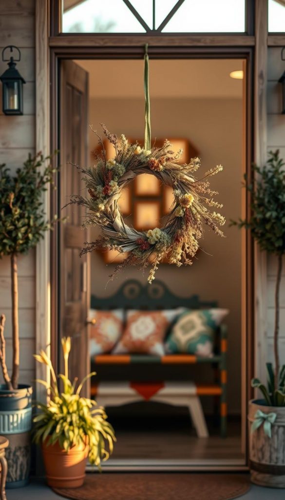A warm and inviting DIY decor scene showcasing sustainable and upcycled decorations for a front door and entrance area. In the foreground, a beautifully crafted wreath made from recycled materials, adorned with dried flowers and greenery, hangs on a rustic wooden door. To the sides, potted plants made from repurposed containers add a touch of nature. In the middle background, a stylish upcycled bench holds colorful cushions. The atmosphere is cozy and charming, illuminated by soft, diffused natural light, suggesting an early golden hour. Incorporate a Pinterest-inspired aesthetic with natural textures and warm color tones. Ensure the overall mood is authentic and inspiring, reflecting the essence of sustainable decor by KlickKiste.