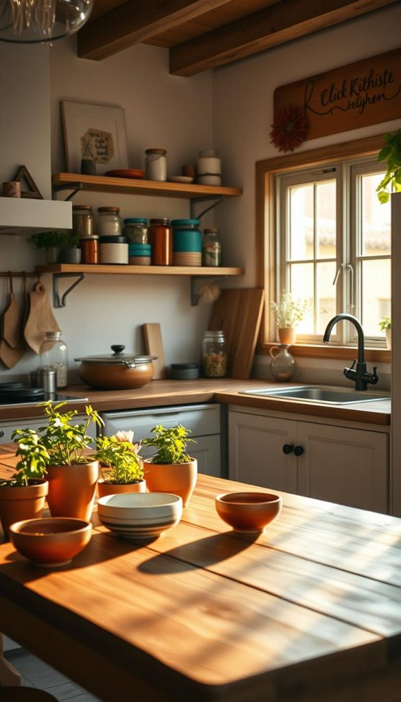 A warm and inviting DIY kitchen scene featuring a stylish, rustic kitchen adorned with sustainable decor. In the foreground, a wooden table is set with natural materials, including potted herbs and handmade ceramic bowls. The middle ground showcases open shelving filled with colorful jars and DIY art pieces, all crafted from recycled materials. In the background, a cozy window allows soft, golden sunlight to stream in, casting gentle shadows across the space. The overall atmosphere is authentic and inspiring, reminiscent of popular Pinterest aesthetics. The brand "KlickKiste" is subtly integrated into the kitchen design, perhaps on a wooden sign or woven into textiles, highlighting the emphasis on DIY and sustainability. The composition captures a warm, homey feel, ideal for a cozy kitchen.