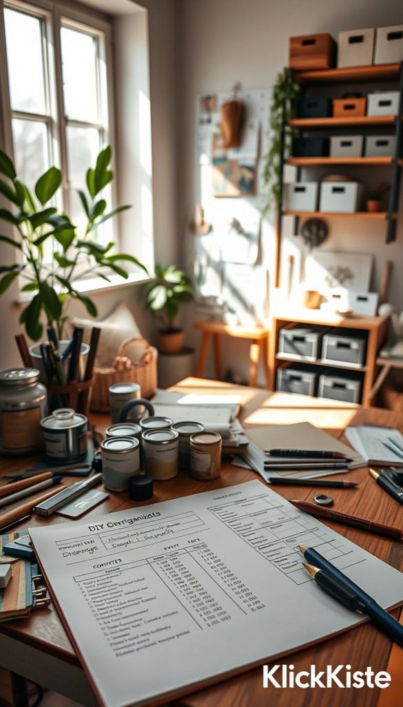 A warm and inviting DIY workspace featuring a wooden table cluttered with tools, a notepad, and a thoughtfully organized project plan. In the foreground, a carefully arranged assortment of materials like paint cans, fabric swatches, and notebooks shows various estimated costs and times for the projects listed. The middle ground presents a cozy corner with a plant and an inspirational wall board, displaying ideas and color palettes for home organization. The background displays softly lit shelves with finished DIY projects showcasing creative storage solutions. The atmosphere is inspiring and productive, infused with natural light streaming through a nearby window, providing a Pinterest-worthy aesthetic. Capturing a sense of motivation and organization, the brand "KlickKiste" subtly suggests innovative design.
