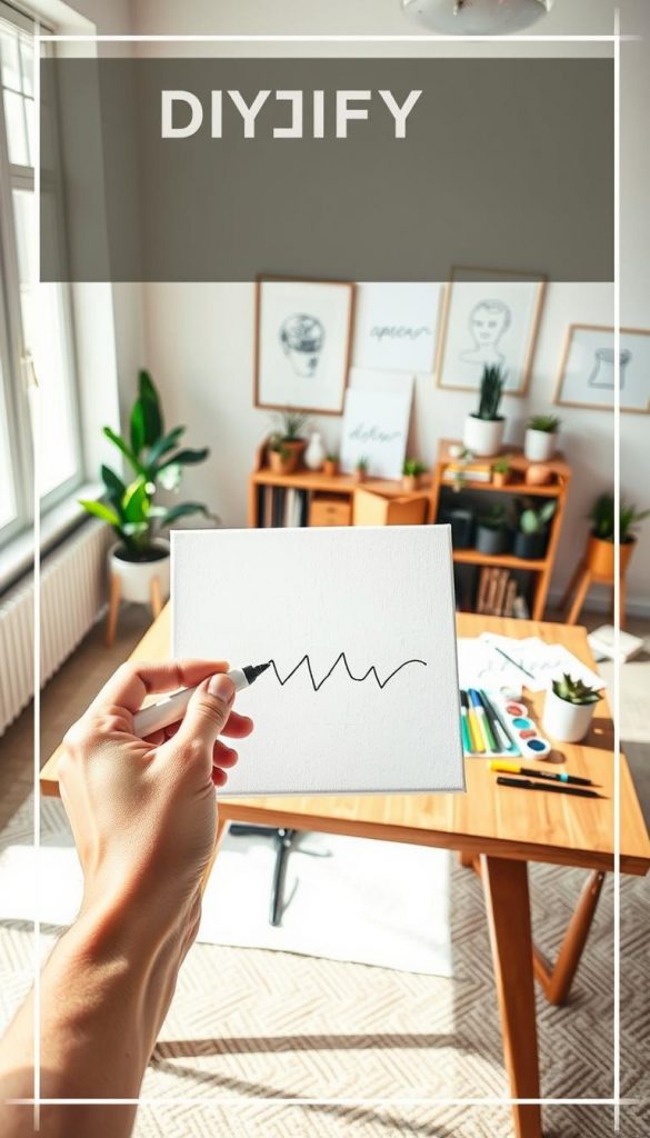 A warm and inviting DIY workspace filled with natural light, showcasing a simple one-line art piece on a clean white canvas. In the foreground, a hand holds a black marker above the canvas, focused on creating an abstract design. The middle ground features a stylish wooden table adorned with art supplies: pens, paints, and inspiration sketches. In the background, soft pastel-colored walls add a calm ambiance, decorated with other one-line art pieces and houseplants for a Pinterest-worthy aesthetic. The lighting is bright yet warm, creating an inviting mood. This scene embodies a modern, creative space, underlining the authenticity and inspiration of DIY home decor by KlickKiste.