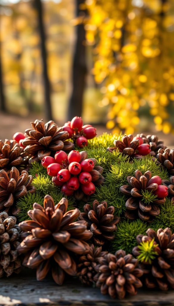 A warm and inviting autumn arrangement featuring natural pine cones, vibrant rose hips, and lush green moss. In the foreground, focus on a selection of various pine cones with intricate textures and rich brown tones, some partially covered in delicate moss. The middle layer includes clusters of bright red rose hips adding pops of color, complemented by soft green moss that creates a cozy, natural aesthetic. In the background, a blurred forest scene with soft golden autumn leaves cascading gently in warm sunlight enhances the serene mood. Illuminate the scene with soft, natural lighting to evoke a calm and inspiring atmosphere. Capture this composition from a slightly elevated angle to showcase the depth and layers of the natural elements, reflecting the DIY style associated with "KlickKiste."