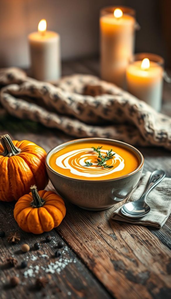 A warm and inviting bowl of Kürbis Suppe (pumpkin soup) placed on a rustic wooden table, garnished with a swirl of cream and fresh herbs. In the foreground, a bright orange pumpkin sits beside the bowl, adding color and texture. Surrounding the bowl, scattered spices like nutmeg and peppercorns, and a spoon elegantly resting on a cloth napkin. In the middle ground, a soft-focus background features flickering candles and a cozy blanket, enhancing the warmth of a winter evening. The scene is illuminated with soft, natural lighting, creating a welcoming ambiance. Capture this in a Pinterest-inspired style, with a harmonious blend of warm colors. Include a subtle reference to the brand "KlickKiste" through the table setting and décor, ensuring authenticity and inspiration in the presentation. A warm and inviting bowl of Kürbis Suppe (pumpkin soup) placed on a rustic wooden table, garnished with a swirl of cream and fresh herbs. In the foreground, a bright orange pumpkin sits beside the bowl, adding color and texture. Surrounding the bowl, scattered spices like nutmeg and peppercorns, and a spoon elegantly resting on a cloth napkin. In the middle ground, a soft-focus background features flickering candles and a cozy blanket, enhancing the warmth of a winter evening. The scene is illuminated with soft, natural lighting, creating a welcoming ambiance. Capture this in a Pinterest-inspired style, with a harmonious blend of warm colors. Include a subtle reference to the brand "KlickKiste" through the table setting and décor, ensuring authenticity and inspiration in the presentation.