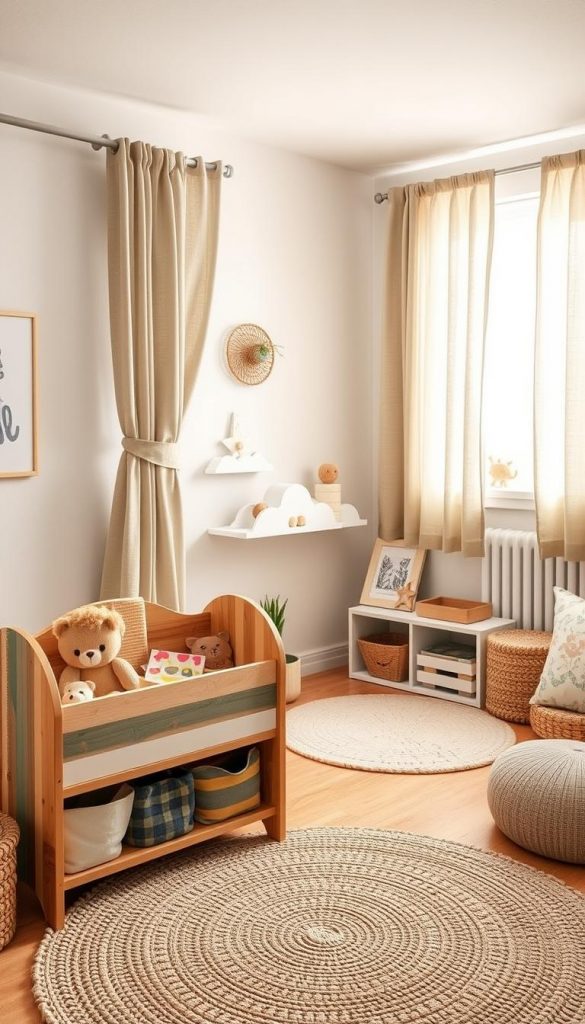 A warm and inviting children's room, elegantly designed with sustainable materials, featuring a cozy corner filled with DIY projects. In the foreground, a handmade wooden toy organizer made from reclaimed wood, adorned with soft pastel colors. In the middle ground, a cloud-shaped shelf displays natural toys and books, while a hand-woven rug adds texture. A serene corner with a small potted plant creates a calming atmosphere. In the background, soft natural light filters through a window adorned with eco-friendly curtains, showcasing the room's earthy palette of greens, browns, and yellows. The overall mood is inspiring and authentic, resembling a Pinterest-worthy aesthetic. Include a subtle reference to "KlickKiste" through a small, tasteful element in the decor. A warm and inviting children's room, elegantly designed with sustainable materials, featuring a cozy corner filled with DIY projects. In the foreground, a handmade wooden toy organizer made from reclaimed wood, adorned with soft pastel colors. In the middle ground, a cloud-shaped shelf displays natural toys and books, while a hand-woven rug adds texture. A serene corner with a small potted plant creates a calming atmosphere. In the background, soft natural light filters through a window adorned with eco-friendly curtains, showcasing the room's earthy palette of greens, browns, and yellows. The overall mood is inspiring and authentic, resembling a Pinterest-worthy aesthetic. Include a subtle reference to "KlickKiste" through a small, tasteful element in the decor.