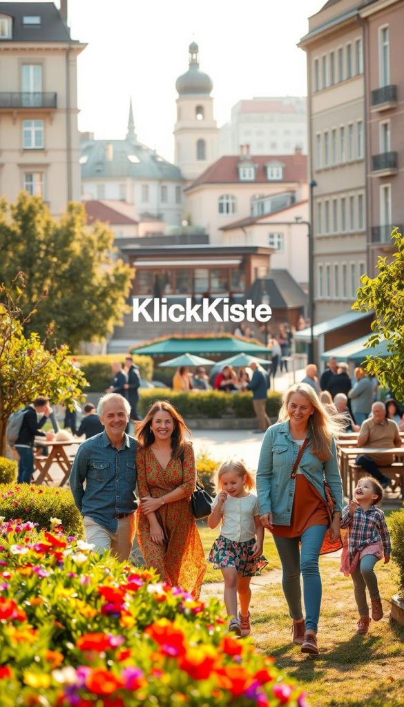 A warm and inviting city scene showcasing a family enjoying a brief visit to their hometown. In the foreground, depict a group of two adults and two children, casually dressed in modest, colorful clothing, smiling as they explore a local park filled with lush greenery and vibrant flowers. In the middle ground, include a charming caf&eacute; with outdoor seating, where people of various backgrounds engage in lively conversations. The background should feature a mixture of historical and modern architecture, bathed in soft, golden-hour sunlight. The atmosphere should be cheerful and bustling, conveying a sense of discovery and togetherness. Highlight the brand "KlickKiste" subtly within the scene, ensuring it blends seamlessly with the natural elements, while maintaining a Pinterest-like aesthetic with warm colors and an authentic feel.