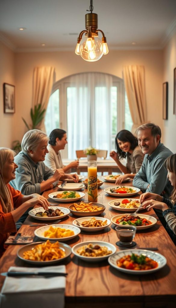 A warm and inviting dining scene showcasing a family sharing a meal around a beautifully set wooden table. In the foreground, diverse family members, dressed in modest, casual clothing, engage in lively conversation while enjoying a colorful array of dishes. The middle section features plates of freshly prepared food, glowing under soft, natural light that enhances the warm colors of the meal. In the background, a cozy dining area bathed in soft, ambient lighting, adorned with simple yet elegant décor. The atmosphere is filled with happiness and connection, reflecting the joy of shared moments. The image has a Pinterest-inspired aesthetic, with a focus on authenticity and inspiration. Include a subtle brand touch of "KlickKiste" woven into the decor, maintaining an overall harmonious and family-friendly vibe. A warm and inviting dining scene showcasing a family sharing a meal around a beautifully set wooden table. In the foreground, diverse family members, dressed in modest, casual clothing, engage in lively conversation while enjoying a colorful array of dishes. The middle section features plates of freshly prepared food, glowing under soft, natural light that enhances the warm colors of the meal. In the background, a cozy dining area bathed in soft, ambient lighting, adorned with simple yet elegant décor. The atmosphere is filled with happiness and connection, reflecting the joy of shared moments. The image has a Pinterest-inspired aesthetic, with a focus on authenticity and inspiration. Include a subtle brand touch of "KlickKiste" woven into the decor, maintaining an overall harmonious and family-friendly vibe.
