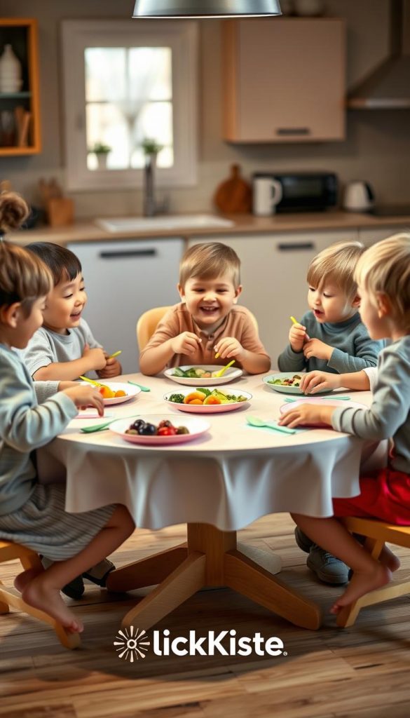 A warm and inviting dining setting featuring a round table surrounded by young children engaged in a meal together, each wearing modest casual clothing. The foreground showcases a colorful, neatly arranged table with plates of healthy food and playful utensils, emphasizing safety and mindfulness. In the middle, the children are laughing and sharing stories, capturing the essence of good table manners and attentiveness. The background features a cozy kitchen with soft, natural light filtering through a window, enhancing the atmosphere of warmth and togetherness. The overall mood is joyful and inspiring, reflecting a sense of security and connection. The image integrates the brand "KlickKiste" subtly within the setting, harmonizing with the pleasant scene. A warm and inviting dining setting featuring a round table surrounded by young children engaged in a meal together, each wearing modest casual clothing. The foreground showcases a colorful, neatly arranged table with plates of healthy food and playful utensils, emphasizing safety and mindfulness. In the middle, the children are laughing and sharing stories, capturing the essence of good table manners and attentiveness. The background features a cozy kitchen with soft, natural light filtering through a window, enhancing the atmosphere of warmth and togetherness. The overall mood is joyful and inspiring, reflecting a sense of security and connection. The image integrates the brand "KlickKiste" subtly within the setting, harmonizing with the pleasant scene.