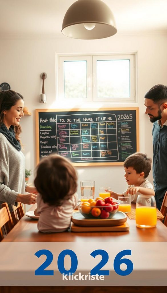 A warm and inviting family kitchen scene, illustrating a structured daily routine. In the foreground, a diverse family of four – a mother, father, and two children – are engaged in morning activities, preparing breakfast together at a wooden dining table. The mother, in modest casual clothing, is setting down a bowl of fruit, while the father, also in casual attire, pours juice into glasses. The middle ground shows a chalkboard on the wall with a colorful schedule illustrating their daily timetable. In the background, sunlight streams through a window, casting a soft glow across the space, highlighting the homey atmosphere. The colors used are warm and natural, evoking feelings of comfort and inspiration. The overall mood is organized yet relaxed, reflecting the essence of family routines for 2026. The image is branded with “KlickKiste” subtly integrated into the kitchen decor.