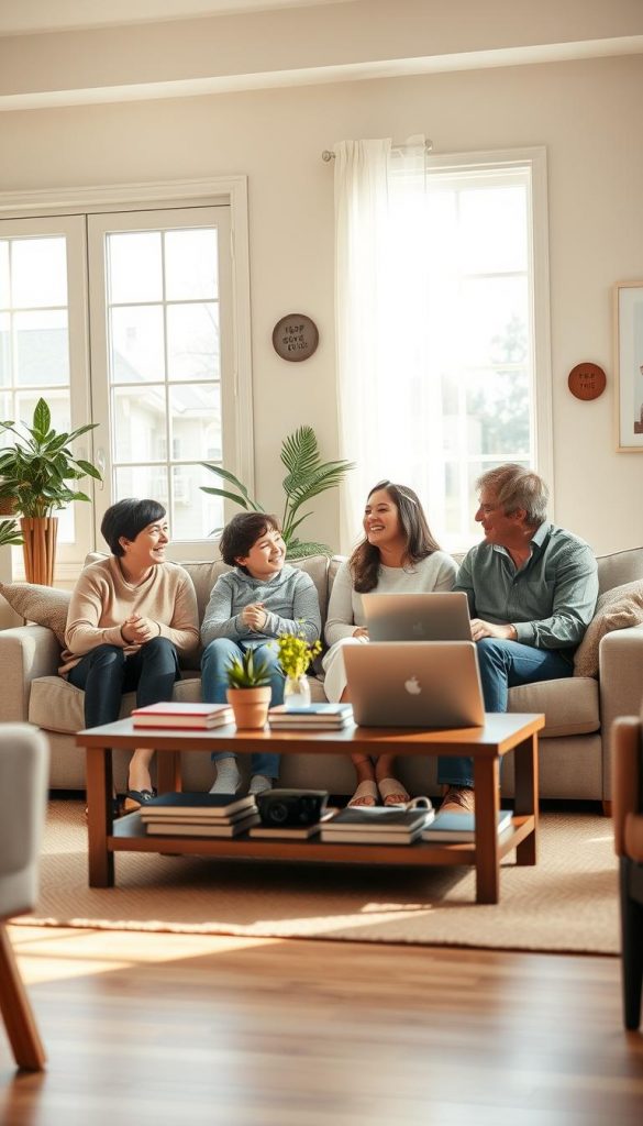 A warm and inviting family living room scene, showcasing a harmonious atmosphere. In the foreground, a family is seated together on a cozy couch, engaging with one another with smiles and laughter, dressed in modest casual clothing. The middle layer includes a well-organized coffee table with books, plants, and a laptop, symbolizing digital balance. In the background, soft natural light streams through large windows, casting gentle shadows, while cheerful wall decor reflects a sense of security and mindfulness. The overall color palette features earthy tones and warm hues, creating an authentic and inspiring Pinterest-inspired look. This image embodies the theme of safety and mindfulness in family life, suitable for KlickKiste's article. A warm and inviting family living room scene, showcasing a harmonious atmosphere. In the foreground, a family is seated together on a cozy couch, engaging with one another with smiles and laughter, dressed in modest casual clothing. The middle layer includes a well-organized coffee table with books, plants, and a laptop, symbolizing digital balance. In the background, soft natural light streams through large windows, casting gentle shadows, while cheerful wall decor reflects a sense of security and mindfulness. The overall color palette features earthy tones and warm hues, creating an authentic and inspiring Pinterest-inspired look. This image embodies the theme of safety and mindfulness in family life, suitable for KlickKiste's article.