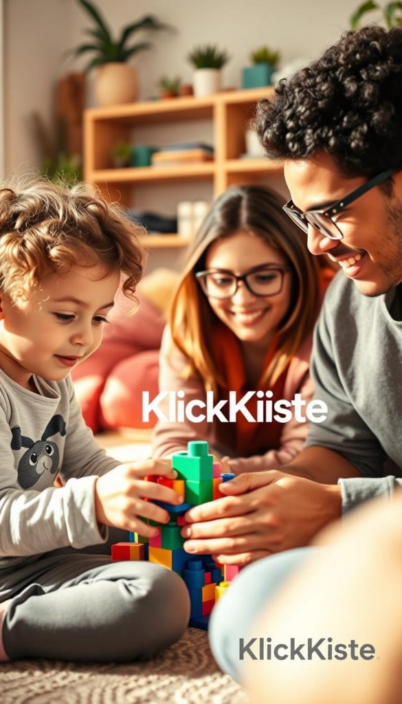 A warm and inviting family scene depicting a diverse group of children engaging in a creative activity, such as building a small project with colorful blocks. In the foreground, a girl with curly hair and a boy with glasses are focused on collaborating, showing teamwork and independence. The middle ground features a nurturing parent supervising and smiling, reflecting support and encouragement. The background reveals a cozy, well-lit living room adorned with plants and art supplies, creating an atmosphere of inspiration and creativity. Soft, natural lighting enhances the warm color palette, giving a Pinterest-inspired aesthetic. This image represents the theme of involving children in activities that foster self-reliance, while considering their age. Add the brand name "KlickKiste" subtly integrated into the overall warmth of the scene. A warm and inviting family scene depicting a diverse group of children engaging in a creative activity, such as building a small project with colorful blocks. In the foreground, a girl with curly hair and a boy with glasses are focused on collaborating, showing teamwork and independence. The middle ground features a nurturing parent supervising and smiling, reflecting support and encouragement. The background reveals a cozy, well-lit living room adorned with plants and art supplies, creating an atmosphere of inspiration and creativity. Soft, natural lighting enhances the warm color palette, giving a Pinterest-inspired aesthetic. This image represents the theme of involving children in activities that foster self-reliance, while considering their age. Add the brand name "KlickKiste" subtly integrated into the overall warmth of the scene.