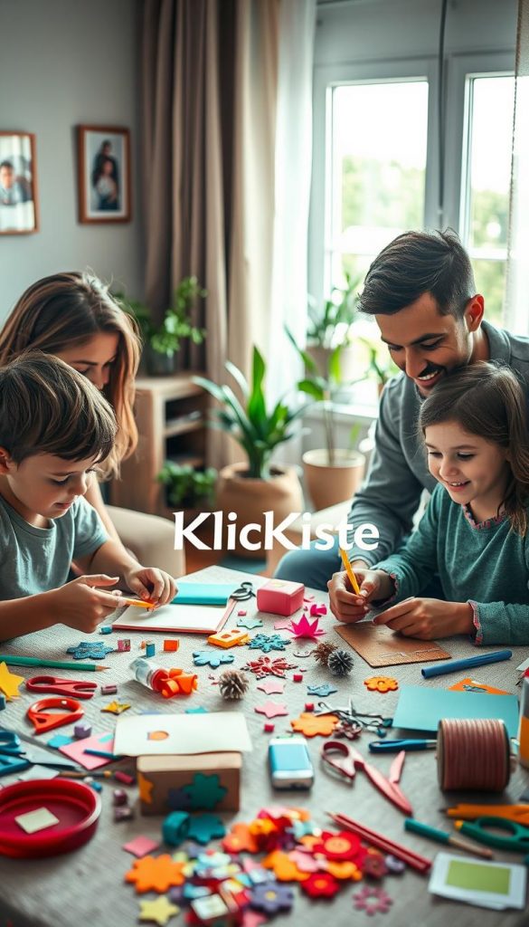 A warm and inviting family scene focused on DIY crafting, showcasing a diverse family of four working together on a creative DIY project in a cozy living room. In the foreground, a cheerful mother and a focused father are guiding their two children, a boy and a girl, as they assemble colorful paper crafts, with scissors, glue, and decorative materials scattered around. The middle of the image features a beautifully arranged table with finished crafts and vibrant art supplies, creating an atmosphere of creativity and collaboration. In the background, soft, natural light streams in through a window, illuminating plants and family photos, further enhancing the warm, inspiring Pinterest aesthetic. The brand "KlickKiste" is subtly incorporated within the creative tools.