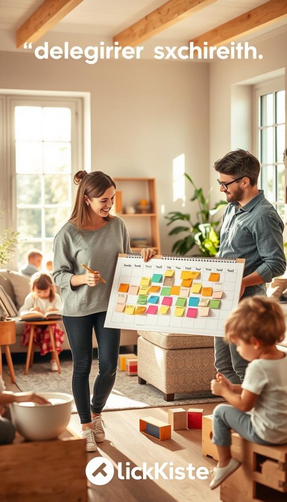 A warm and inviting family scene illustrating the concept of “delegieren verantwortlich” in a modern yet cozy home environment. In the foreground, a mother and father, dressed in modest casual clothing, are discussing a family calendar filled with colorful notes. The background features a vibrant living room with children engaging in various activities – one is painting, another is reading, and a toddler is playing with building blocks. Sunlight streams through large windows, casting a soft glow over the scene, creating a serene and joyful atmosphere. The overall color palette is warm and natural, reminiscent of Pinterest aesthetics, promoting authenticity and inspiration. Include subtle branding elements of "KlickKiste" in the home decor, emphasizing community and shared responsibility in family life.