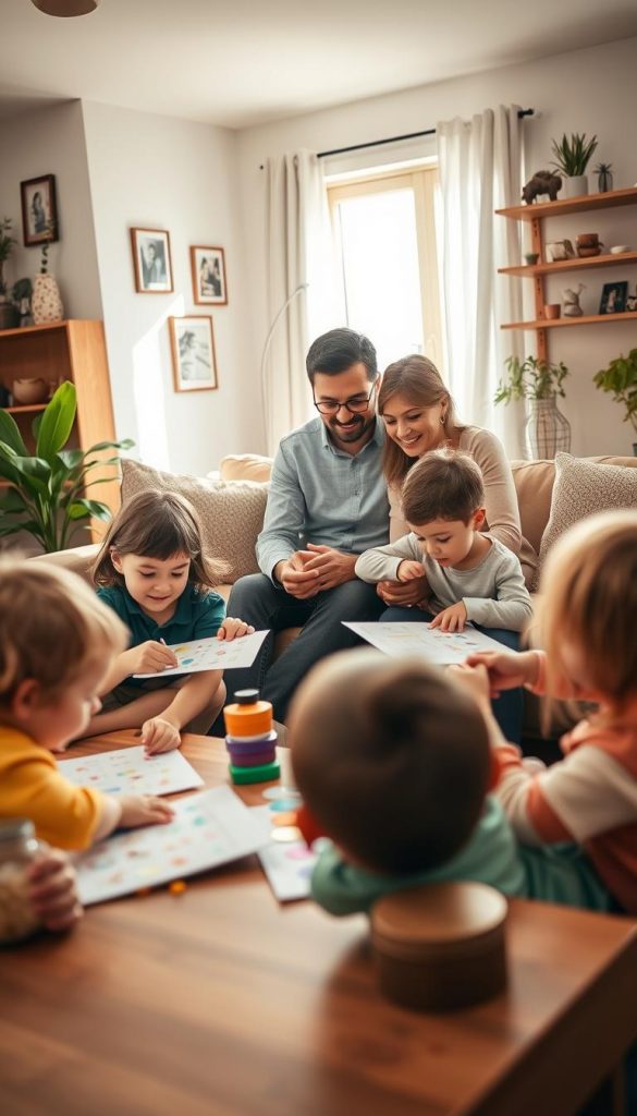 A warm and inviting family scene set in a cozy living room, featuring a mother and father in casual yet professional clothing, engaging with their two children in a fun activity. In the foreground, children are playfully organizing colorful checklists on a coffee table, filled with stickers and drawings. The middle layer showcases the parents encouraging their kids, radiating joy and togetherness. The background reveals a softly lit room adorned with family photos and natural elements like plants, creating an authentic Pinterest-inspired look. Use warm colors to evoke a sense of comfort and connection. Bright natural light streams in from a window, casting gentle shadows that enhance the family’s bonds. Include the brand name "KlickKiste" subtly in this heartwarming scenario.
