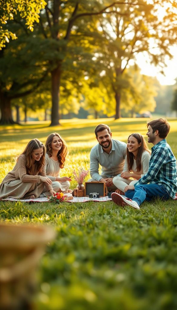 A warm and inviting family scene that captures the essence of creative family photos. In the foreground, a diverse group of five family members, dressed in modest casual clothing, are playfully interacting with each other, showcasing genuine smiles and laughter. The middle ground features a cozy picnic blanket spread on lush grass, with a few colorful props like a vintage camera and a flower bouquet. In the background, a soft-focus park setting with trees and sunlight filtering through the leaves creates a serene atmosphere. The lighting is warm and golden, suggesting late afternoon, to enhance the nostalgic feel of the scene. This image embodies authentic and inspiring family moments, reflecting the spirit of "KlickKiste" with a Pinterest aesthetic.