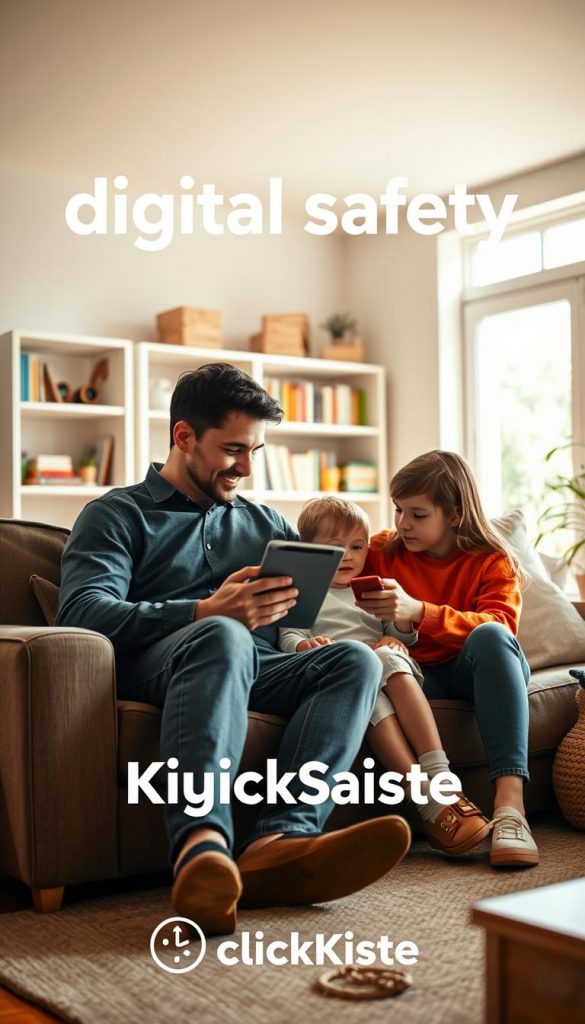 A warm and inviting family setting depicting "digital safety" as a theme. In the foreground, a parent and child are seated together on a cozy couch, both engaged with a tablet, showing a moment of shared learning. The parent, dressed in smart casual attire, offers guidance, illustrating open communication about screen time. In the middle ground, a softly lit room with shelves filled with books and educational toys creates a nurturing atmosphere. The background features a large window allowing soft, natural light to flood in, hinting at a sunny day outside. The color palette is warm and earthy, reminiscent of Pinterest aesthetics, promoting a sense of authenticity and inspiration. The brand name "KlickKiste" subtly integrated within the decor elements reflects a modern approach to digital balance and safety.