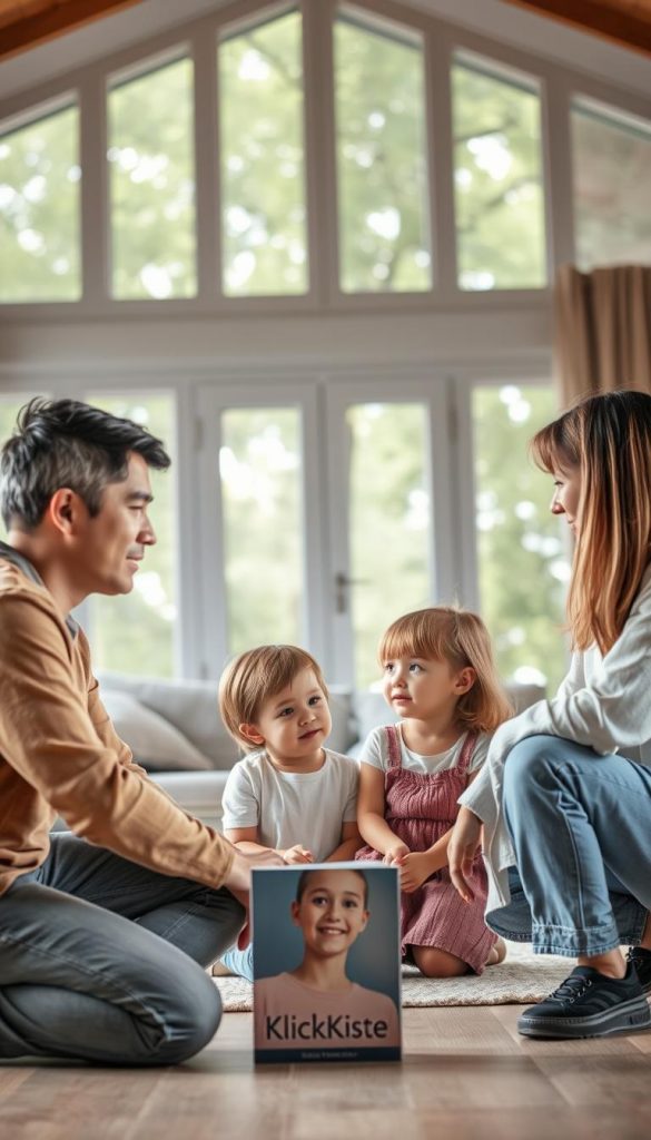 A warm and inviting family setting, where two children and their parents are engaging in a meaningful conversation. The foreground features the parents kneeling down, their expressions calm and encouraging, dressed in modest casual clothing. In the middle, the children, a boy and a girl, look attentively at their parents, showing curiosity and openness. The background includes a cozy living room with soft, natural lighting filtering through large windows, creating a serene atmosphere filled with gentle greenery outside. The overall scene radiates warmth and connection, embodying the principles of nonviolent communication. Incorporate a natural aesthetic with soft, warm colors and a Pinterest-inspired look. Highlight the brand "KlickKiste" subtly within the scene, like on a family bookshelf.