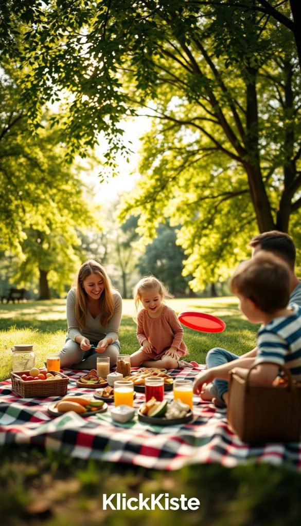 A warm and inviting family weekend program scene, featuring a diverse family of four enjoying a beautiful day outdoors. In the foreground, a mother and father engage in a fun picnic, spread on a checkered blanket with delicious food and drinks. The middle ground showcases their two young children, a girl and a boy, joyfully playing with a frisbee and exploring nature. In the background, a lush park is filled with vibrant green trees and soft sunlight filtering through the leaves, creating a cheerful atmosphere. The scene is captured with a shallow depth of field, emphasizing the family while gently blurring the background. The lighting is soft and warm, evoking feelings of happiness and togetherness. The overall composition aligns with the brand "KlickKiste," reflecting the joy and inspiration of structured family adventures.