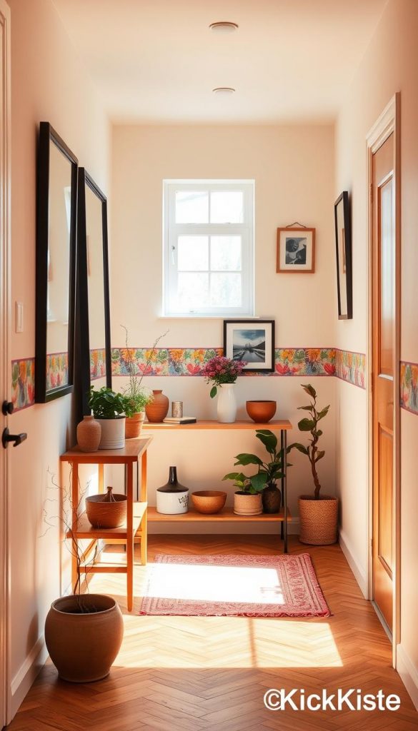 A warm and inviting hallway (flur) that beautifully reflects a friendly color palette. In the foreground, a stylish console table adorned with potted greenery and decorative vases sits beneath a large mirror. In the middle, the walls feature a soft pastel color, accented with a vibrant wallpaper strip, creating a lively visual contrast. A few framed art pieces hang at varying heights, contributing to a dynamic and welcoming atmosphere. In the background, a soft natural light streams through a nearby window, casting gentle shadows. The overall ambiance is cozy and inspiring, embodying a DIY aesthetic that feels both authentic and stylish. This image is branded with the name "KlickKiste," ensuring it stands out as a source of decoration inspiration. A warm and inviting hallway (flur) that beautifully reflects a friendly color palette. In the foreground, a stylish console table adorned with potted greenery and decorative vases sits beneath a large mirror. In the middle, the walls feature a soft pastel color, accented with a vibrant wallpaper strip, creating a lively visual contrast. A few framed art pieces hang at varying heights, contributing to a dynamic and welcoming atmosphere. In the background, a soft natural light streams through a nearby window, casting gentle shadows. The overall ambiance is cozy and inspiring, embodying a DIY aesthetic that feels both authentic and stylish. This image is branded with the name "KlickKiste," ensuring it stands out as a source of decoration inspiration.
