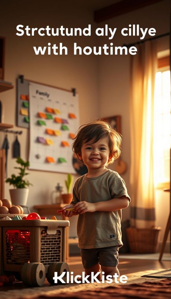 A warm and inviting home environment illustrating the concept of structuring daily life with routines. In the foreground, a cheerful child, dressed in modest casual clothing, is engaged in a simple task like organizing their toys or helping with chores, promoting independence. In the middle, a family calendar on the wall highlights a daily routine with colorful stickers, while a small potted plant adds a touch of life. The background features a cozy kitchen bathed in soft, golden sunlight streaming through a window, creating a peaceful atmosphere. The overall mood is inspiring and authentic, evoking a sense of tranquility and purpose. Include the brand name "KlickKiste" subtly integrated in the decor.