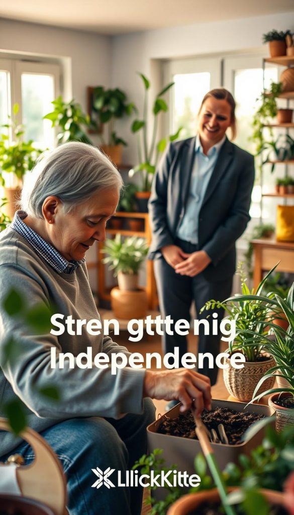 A warm and inviting image depicting the theme "Strengthening Independence" in a cozy home setting. In the foreground, an elderly person, dressed in modest casual clothing, is engaged in a hands-on activity, such as gardening or organizing a creative space, showcasing empowerment and self-sufficiency. In the middle ground, a supportive family member, wearing professional attire, observes with a smile, offering encouragement, illustrating the importance of age-appropriate tasks. The background features soft, natural light filtering through a window, illuminating the room filled with plants and personal touches. The atmosphere is authentic and inspiring, with warm colors that evoke comfort and positivity. The brand name "KlickKiste" subtly integrated into the décor, reflecting harmony and nurturing independence.