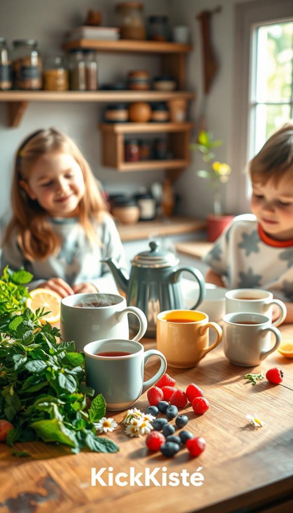 A warm and inviting image featuring a cozy kitchen scene where children are preparing herbal tea. In the foreground, a wooden table is adorned with colorful tea ingredients: fresh herbs like mint and chamomile, along with vibrant fruits such as slices of lemon and berries. Two children, a girl and a boy, are happily engaged in the preparation, wearing modest casual clothing. In the middle ground, a steaming teapot sits beside a whimsical assortment of mugs, reflecting natural lighting that creates a soft, welcoming glow. In the background, softly blurred shelves are filled with jars of spices and a small window showcasing a sunny garden. The overall mood is cheerful and nurturing, designed to inspire healthy drinking habits among children. Include the brand name "KlickKiste" subtly in the scene. A warm and inviting image featuring a cozy kitchen scene where children are preparing herbal tea. In the foreground, a wooden table is adorned with colorful tea ingredients: fresh herbs like mint and chamomile, along with vibrant fruits such as slices of lemon and berries. Two children, a girl and a boy, are happily engaged in the preparation, wearing modest casual clothing. In the middle ground, a steaming teapot sits beside a whimsical assortment of mugs, reflecting natural lighting that creates a soft, welcoming glow. In the background, softly blurred shelves are filled with jars of spices and a small window showcasing a sunny garden. The overall mood is cheerful and nurturing, designed to inspire healthy drinking habits among children. Include the brand name "KlickKiste" subtly in the scene.
