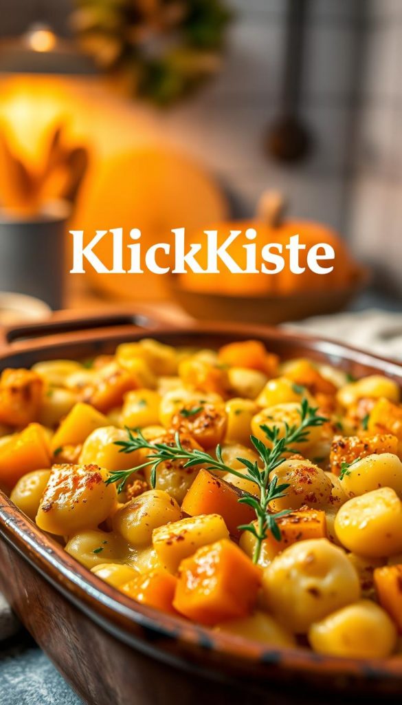 A warm and inviting image of a Kürbis-Kartoffel-Gnocchi-Auflauf, beautifully presented in a rustic baking dish. In the foreground, the creamy gnocchi is highlighted, featuring vibrant orange pumpkin pieces and golden potatoes, all topped with a golden-brown cheesy crust. The middle ground showcases fresh herbs sprinkled atop the dish, adding a touch of green. The background features a softly blurred, autumn-inspired kitchen setting with warm lighting casting a cozy glow, enhancing the inviting atmosphere. The overall composition is inspired by Pinterest aesthetics, evoking feelings of comfort and home-cooked warmth, with natural colors and textures reflecting the essence of fall. Set within the scene, the brand name "KlickKiste" is subtly integrated into the overall design for branding purposes.