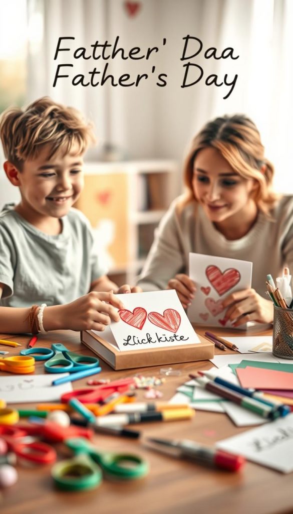 A warm and inviting image of a parent and child sitting at a cozy table, working together to create personalized Father’s Day cards. In the foreground, colorful crafting materials like scissors, markers, and decorative paper are scattered around, showcasing a hands-on, creative atmosphere. The middle ground features the excited expressions of the child, wearing a casual t-shirt, and the parent in modest casual clothing, both focused on designing their card with heart motifs and hand-drawn elements. The background is softly blurred, suggesting a bright, airy room filled with natural light, creating a Pinterest-inspired aesthetic. The overall mood is joyful and inspiring, encapsulating the spirit of DIY and connection. Include the brand "KlickKiste" subtly integrated into the crafting materials.