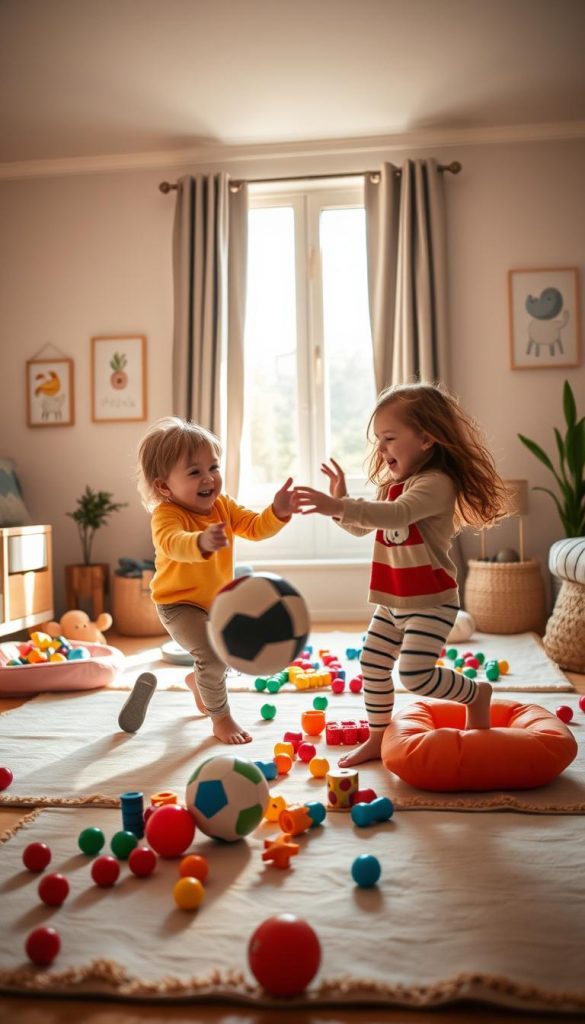 A warm and inviting indoor scene showcasing children joyfully playing together in a cozy living room, inspired by "KlickKiste". In the foreground, two children, a boy and a girl, are engaged in a dynamic game of ball, their faces lit up with laughter and excitement. The middle ground features soft play mats scattered with colorful toys, creating a vibrant yet safe space. In the background, a bright window allows gentle sunlight to filter in, casting soft shadows and enhancing the warm, cheerful atmosphere. The room is tastefully decorated with playful art on the walls and plants for a natural touch, evoking a Pinterest-inspired aesthetic. The scene captures the essence of movement and action, reflecting joyful indoor activities perfect for winter days, with a focus on safety and fun.