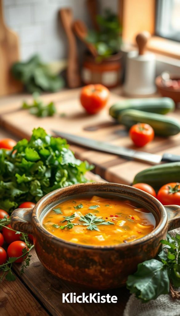 A warm and inviting kitchen scene featuring a delicious, vibrant vegetable soup in a rustic bowl, surrounded by fresh salad ingredients like leafy greens, tomatoes, and crisp cucumbers. In the foreground, the soup is steaming lightly, garnished with herbs, while colorful vegetables are artistically arranged nearby. The middle ground showcases a wooden chopping board, knife, and ingredients ready for preparation, emphasizing a cozy cooking atmosphere. In the background, a softly lit kitchen with hints of natural wood and warm tones creates a homey feel. The lighting is soft and diffused, enhancing the inviting mood. This image reflects a healthy, wholesome winter recipe and embodies an authentic Pinterest aesthetic, ideal for a culinary article. Include branding for "KlickKiste" subtly integrated into the scene.