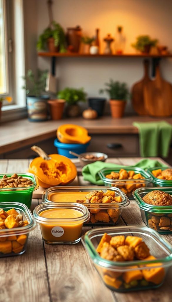 A warm and inviting kitchen scene featuring a rustic wooden table filled with colorful meal prep containers showcasing various kürbis (pumpkin) dishes, such as creamy pumpkin soup, roasted pumpkin cubes, and pumpkin muffins. In the foreground, the containers are neatly organized, with a vibrant green cloth in the background adding a pop of color. The middle ground includes a cutting board with a freshly halved pumpkin and a small bowl of pumpkin seeds, emphasizing freshness and nourishment. A subtle warm light filters through a window, creating a cozy atmosphere. The background features tasteful kitchen decor, such as herbs in pots and a hint of autumn leaves. The image should have a soft focus with a slight vignette, evoking inspiration for family meal prep. Include a small, stylish label with "KlickKiste" subtly placed on one of the containers.