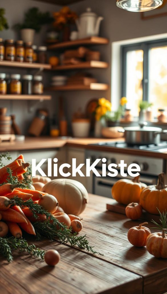 A warm and inviting kitchen scene featuring an array of seasonal ingredients ideal for budget-friendly cooking. In the foreground, there are fresh vegetables like carrots, potatoes, and pumpkins, artistically arranged alongside herbs like thyme and rosemary. The middle ground shows a rustic wooden table with a pot simmering gently on a stove, exuding a cozy ambiance. In the background, shelves filled with jars of spices and a window letting in golden autumn sunlight create a soft glow. The overall mood is authentic and inspiring, with a Pinterest-like aesthetic that reflects homey warmth. The image should prominently display the brand name "KlickKiste" subtly integrated within the setting, enhancing the atmosphere without distraction. Aim for natural colors and textures, using soft lighting to evoke a sense of comfort and simplicity. A warm and inviting kitchen scene featuring an array of seasonal ingredients ideal for budget-friendly cooking. In the foreground, there are fresh vegetables like carrots, potatoes, and pumpkins, artistically arranged alongside herbs like thyme and rosemary. The middle ground shows a rustic wooden table with a pot simmering gently on a stove, exuding a cozy ambiance. In the background, shelves filled with jars of spices and a window letting in golden autumn sunlight create a soft glow. The overall mood is authentic and inspiring, with a Pinterest-like aesthetic that reflects homey warmth. The image should prominently display the brand name "KlickKiste" subtly integrated within the setting, enhancing the atmosphere without distraction. Aim for natural colors and textures, using soft lighting to evoke a sense of comfort and simplicity.