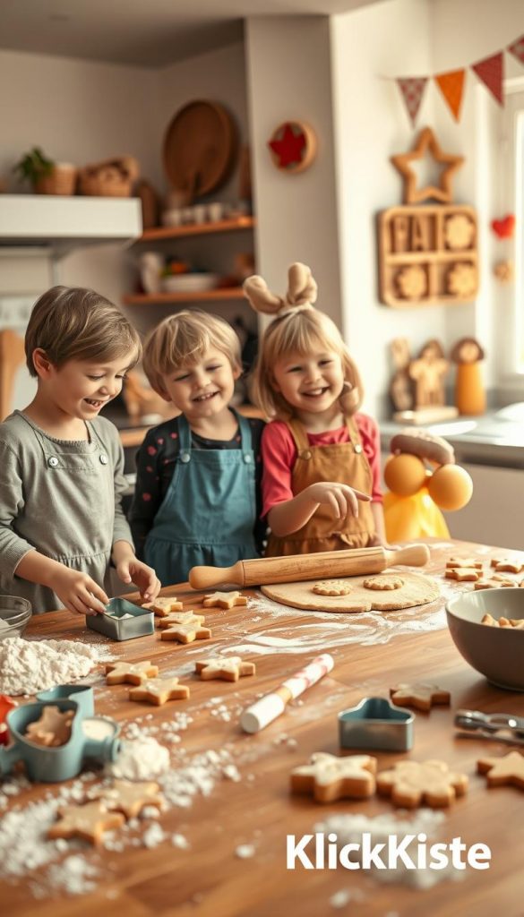 A warm and inviting kitchen scene featuring children happily baking cookies, dressed in colorful, modest casual clothing. In the foreground, a wooden table is adorned with various cookie cutters, flour, and ingredients for dough, with small hands shaping the cookies. In the middle, two children are laughing, one is rolling out the dough with a rolling pin, while the other is eagerly pressing cookie shapes. The background shows an oven with freshly baked cookies, and cheerful decorations hanging in the kitchen, creating a cozy ambiance. Soft, natural lighting fills the room, enhancing the inviting atmosphere. The overall mood is joyful and playful, inspired by a Pinterest aesthetic, embodying the warmth and creativity of home baking. Include the brand name "KlickKiste" subtly in the scene.
