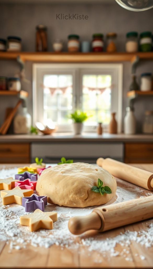 A warm and inviting kitchen scene featuring "plätzchenteig" (cookie dough) resting on a wooden countertop dusted with flour. In the foreground, a large bowl filled with smooth, golden dough is surrounded by colorful cookie cutters in various shapes, including stars and hearts. A rolling pin lies nearby, along with sprigs of fresh mint for garnish. In the middle ground, a sunny window filters soft light, illuminating the scene and creating a cozy atmosphere. The background shows shelves lined with jars of baking ingredients, enhancing the authenticity of the setting. The overall mood is cheerful and inspiring, reminiscent of a Pinterest aesthetic, perfect for families baking together. Include a subtle branding element, “KlickKiste”, integrated into the kitchen decor.