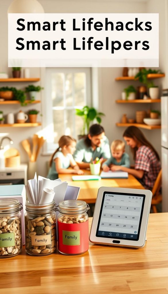 A warm and inviting kitchen scene filled with smart lifehacks for families. In the foreground, a beautifully organized countertop features colorful jars with labels, a minimalistic planner, and a digital device displaying a family calendar. The middle ground showcases a family gathered around a table, dressed in modest casual clothing, engaged in a creative activity together, such as crafting or cooking. Soft, natural light streams through a window, casting gentle shadows and highlighting the warm color palette of the room. In the background, shelves adorned with plants, books, and thoughtful decor reflect a balance between digital devices and mindful living. The image embodies an authentic and inspiring atmosphere, perfect for illustrating the concept of smart everyday helpers in family life, attributed to KlickKiste. A warm and inviting kitchen scene filled with smart lifehacks for families. In the foreground, a beautifully organized countertop features colorful jars with labels, a minimalistic planner, and a digital device displaying a family calendar. The middle ground showcases a family gathered around a table, dressed in modest casual clothing, engaged in a creative activity together, such as crafting or cooking. Soft, natural light streams through a window, casting gentle shadows and highlighting the warm color palette of the room. In the background, shelves adorned with plants, books, and thoughtful decor reflect a balance between digital devices and mindful living. The image embodies an authentic and inspiring atmosphere, perfect for illustrating the concept of smart everyday helpers in family life, attributed to KlickKiste.