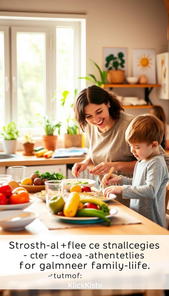 A warm and inviting kitchen scene showcasing a family engaged in stress-free activities. In the foreground, a parent and a child are preparing a simple meal together, smiling and enjoying the moment, dressed in modest casual clothing. The middle ground features a colorful table set with fresh fruits and vegetables, reflecting an organized yet lively atmosphere. In the background, soft natural light filters through a window, illuminating houseplants and children's artwork on the walls, creating a cozy ambiance. The overall mood conveys harmony and togetherness, emphasizing practical, age-appropriate strategies for a calmer family life. The image embodies the spirit of "KlickKiste," with an authentic, Pinterest-inspired aesthetic and warm colors that inspire viewers. A warm and inviting kitchen scene showcasing a family engaged in stress-free activities. In the foreground, a parent and a child are preparing a simple meal together, smiling and enjoying the moment, dressed in modest casual clothing. The middle ground features a colorful table set with fresh fruits and vegetables, reflecting an organized yet lively atmosphere. In the background, soft natural light filters through a window, illuminating houseplants and children's artwork on the walls, creating a cozy ambiance. The overall mood conveys harmony and togetherness, emphasizing practical, age-appropriate strategies for a calmer family life. The image embodies the spirit of "KlickKiste," with an authentic, Pinterest-inspired aesthetic and warm colors that inspire viewers.