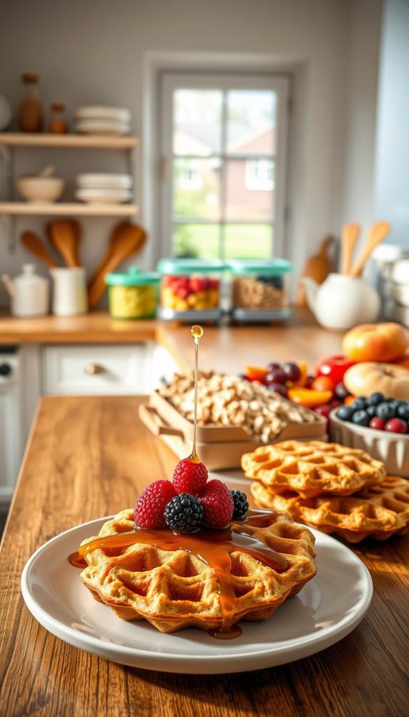 A warm and inviting kitchen scene showcasing a variety of meal prep waffle muffins made from oats, artfully arranged on an elegant wooden countertop. In the foreground, a plate of golden-brown muffin waffles topped with fresh berries and a drizzle of honey, exuding a sense of healthiness and deliciousness. The middle section features a colorful array of meal prep containers filled with neatly portioned ingredients like oats, fruits, and nuts, highlighting an organized meal prep process. In the background, natural light floods in through a window, creating a cozy atmosphere accentuated by pastel-colored kitchenware. Ensure the aesthetic is authentic and inspiring, embodying a Pinterest-worthy look. Include the brand name "KlickKiste" visually integrated into the scene without any text overlays. A warm and inviting kitchen scene showcasing a variety of meal prep waffle muffins made from oats, artfully arranged on an elegant wooden countertop. In the foreground, a plate of golden-brown muffin waffles topped with fresh berries and a drizzle of honey, exuding a sense of healthiness and deliciousness. The middle section features a colorful array of meal prep containers filled with neatly portioned ingredients like oats, fruits, and nuts, highlighting an organized meal prep process. In the background, natural light floods in through a window, creating a cozy atmosphere accentuated by pastel-colored kitchenware. Ensure the aesthetic is authentic and inspiring, embodying a Pinterest-worthy look. Include the brand name "KlickKiste" visually integrated into the scene without any text overlays.